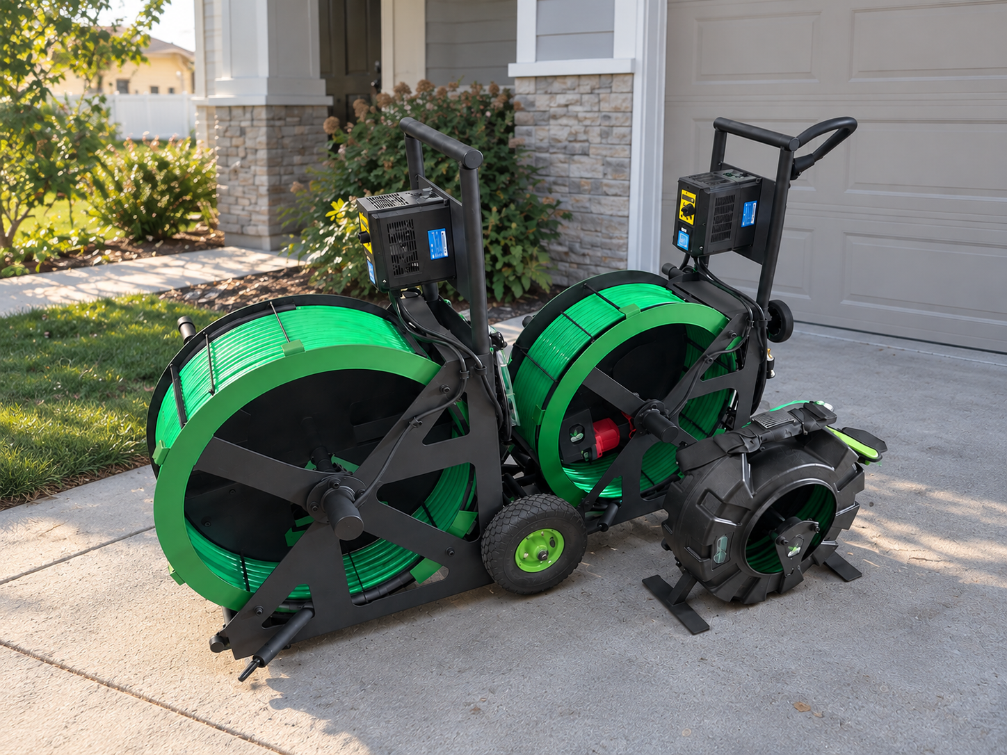 Professional drain cleaning and pipe inspection equipment staged outside a Utah home