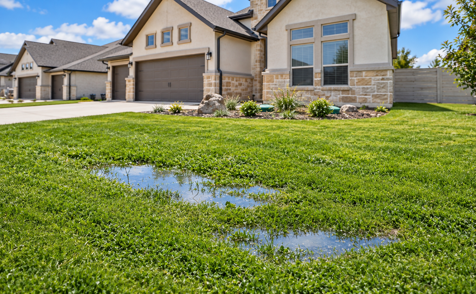 Standing water pooling in a Utah front yard from a backed-up sewer or drain line