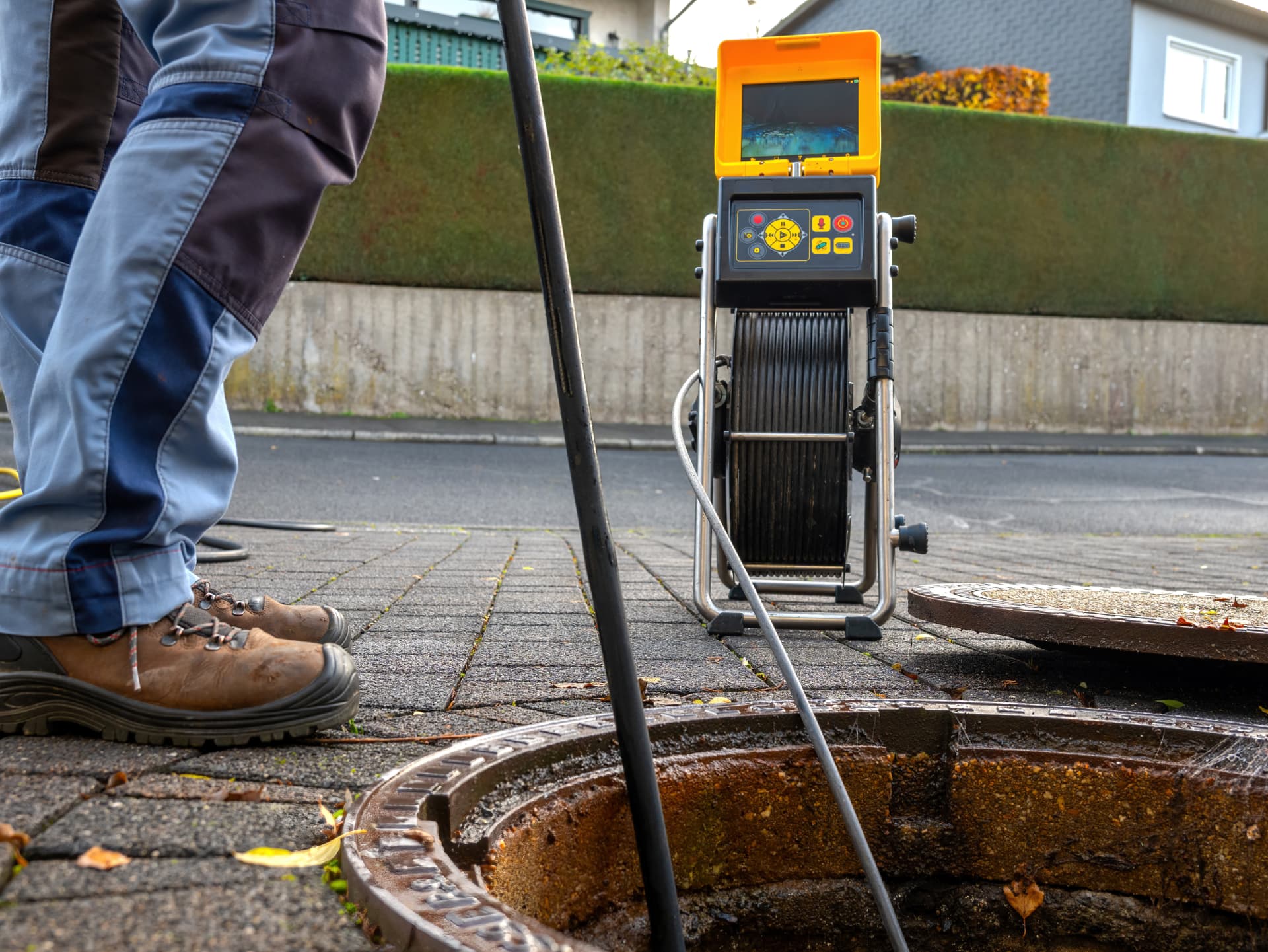 Sewer camera inspection system operating through an open access point
