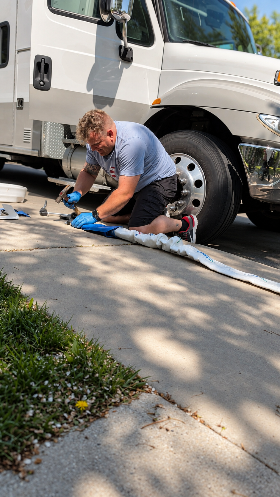 Bluewave owner preparing trenchless pipe lining equipment beside the company service truck
