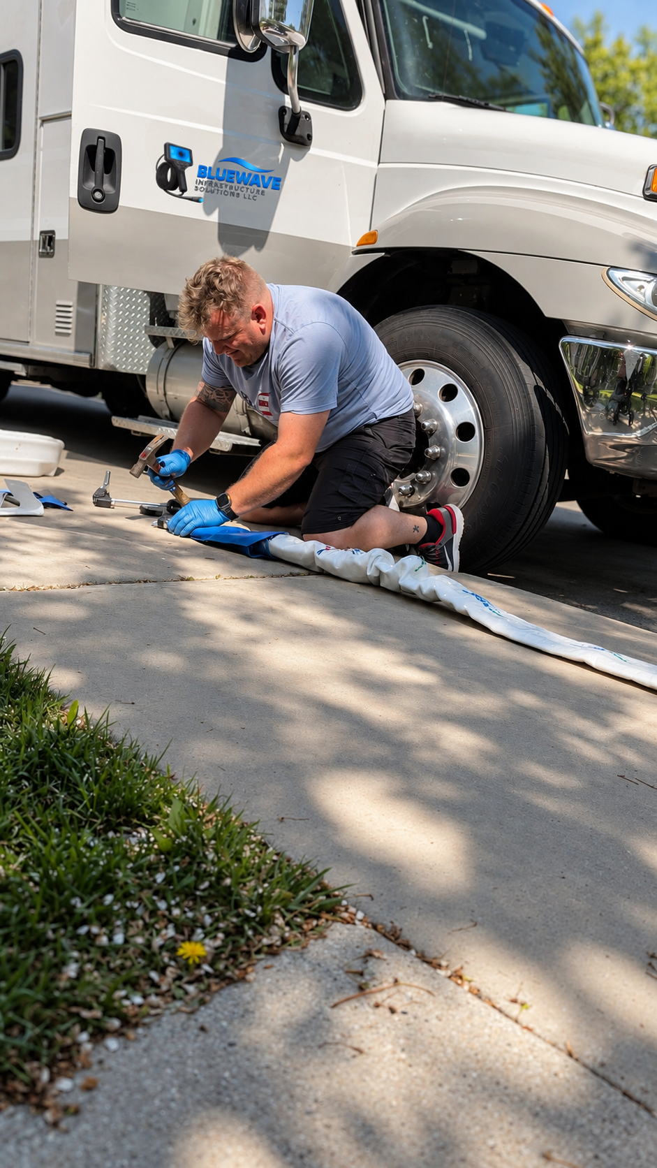 Bluewave technician working beside the company service truck on a residential street