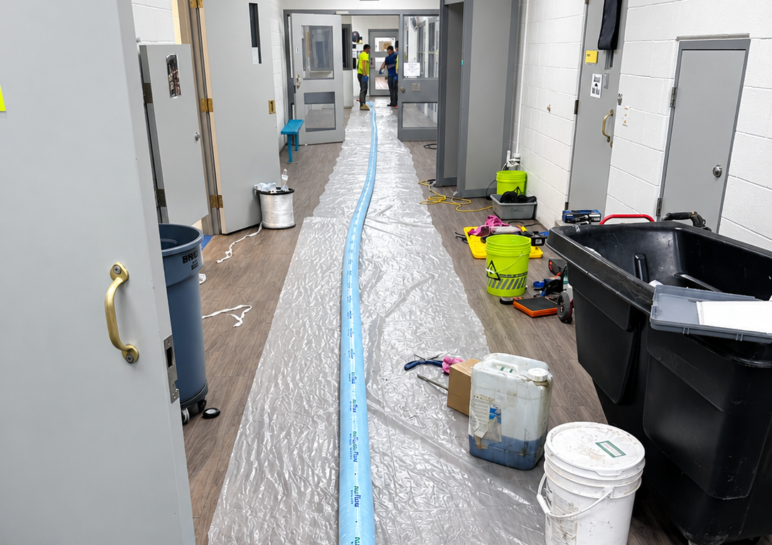 Blue CIPP liner installed through a protected commercial building corridor