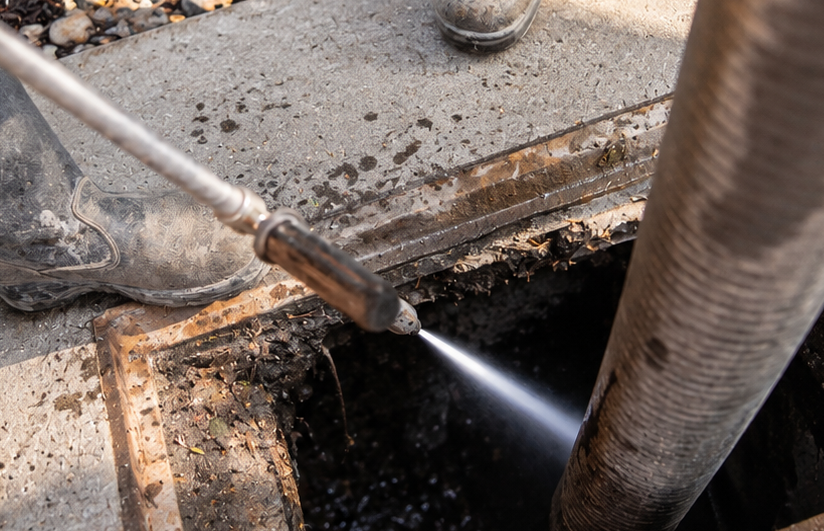 High-pressure hydro jetting nozzle clearing buildup from a drain line