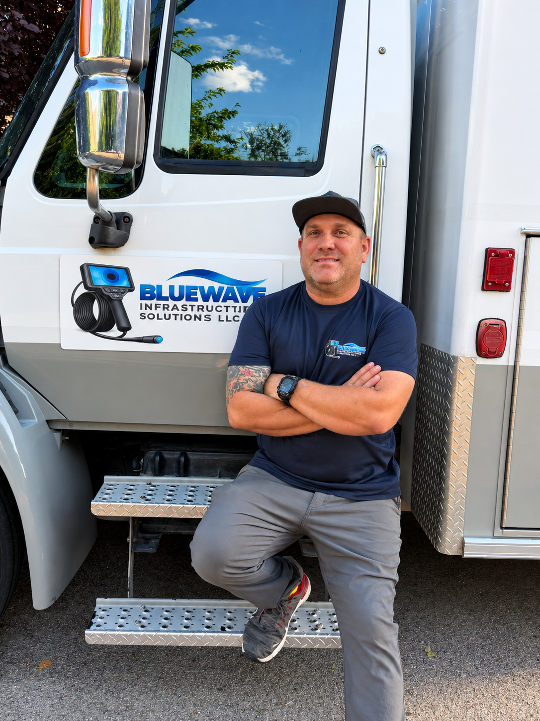 The owner of Bluewave Infrastructure Solutions standing beside his service van in Provo, Utah